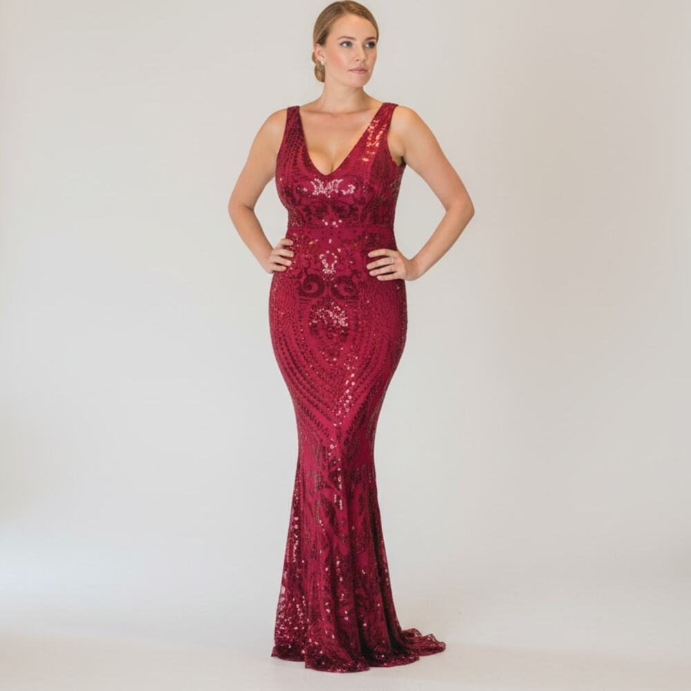 Sequined Flute Skirt Floor Length Maxi Dress - Maroon - Size M